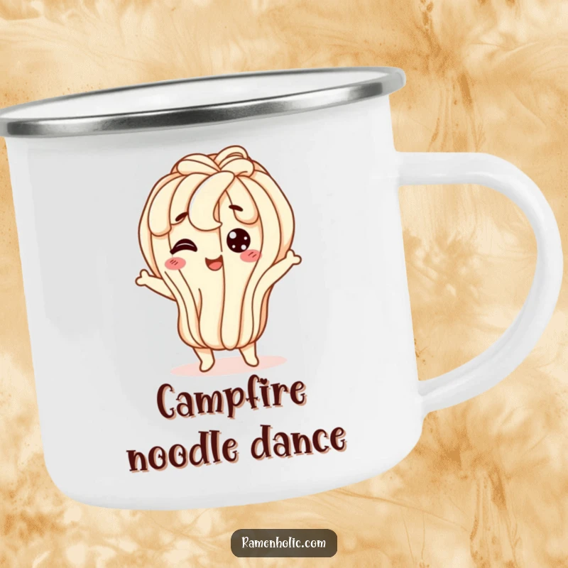Funny udon noodle camping mug, a happy character doing a wiggly jiggle, perfect for outdoor adventures with a playful spirit.