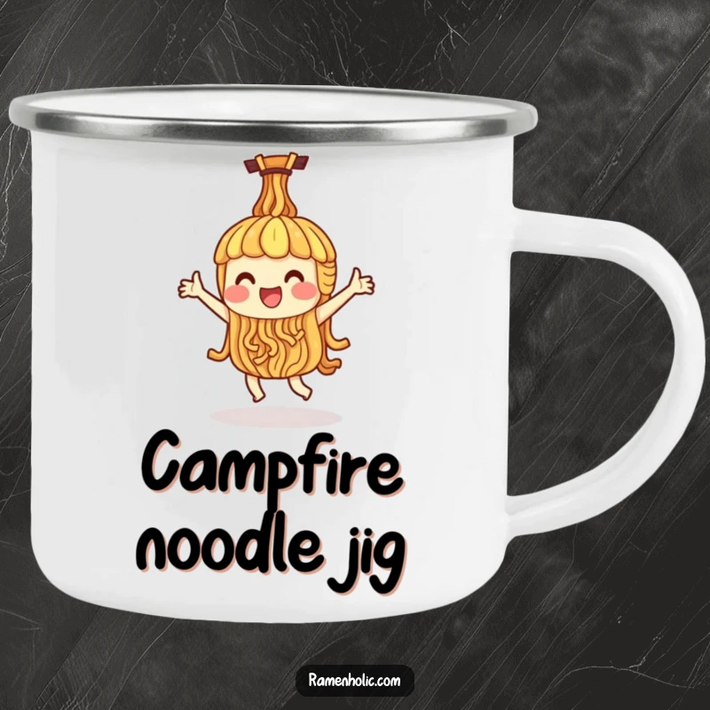 Funny camping mug with a single ramen noodle character doing a happy dance, perfect for enjoying warm drinks on the go.