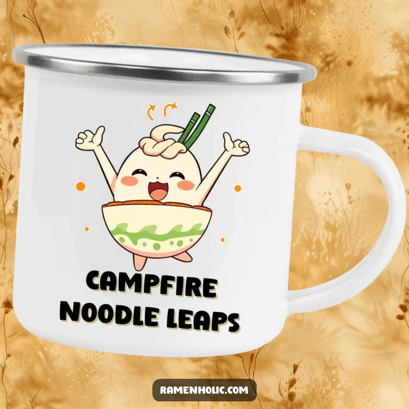 Funny camping mug depicting a joyful ramen bowl character leaping with excitement, perfect for enjoying beverages outdoors.