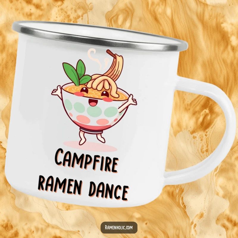 Funny camping mug with a cheerful ramen bowl character dancing, steam swirling, durable and fun for outdoor enjoyment.