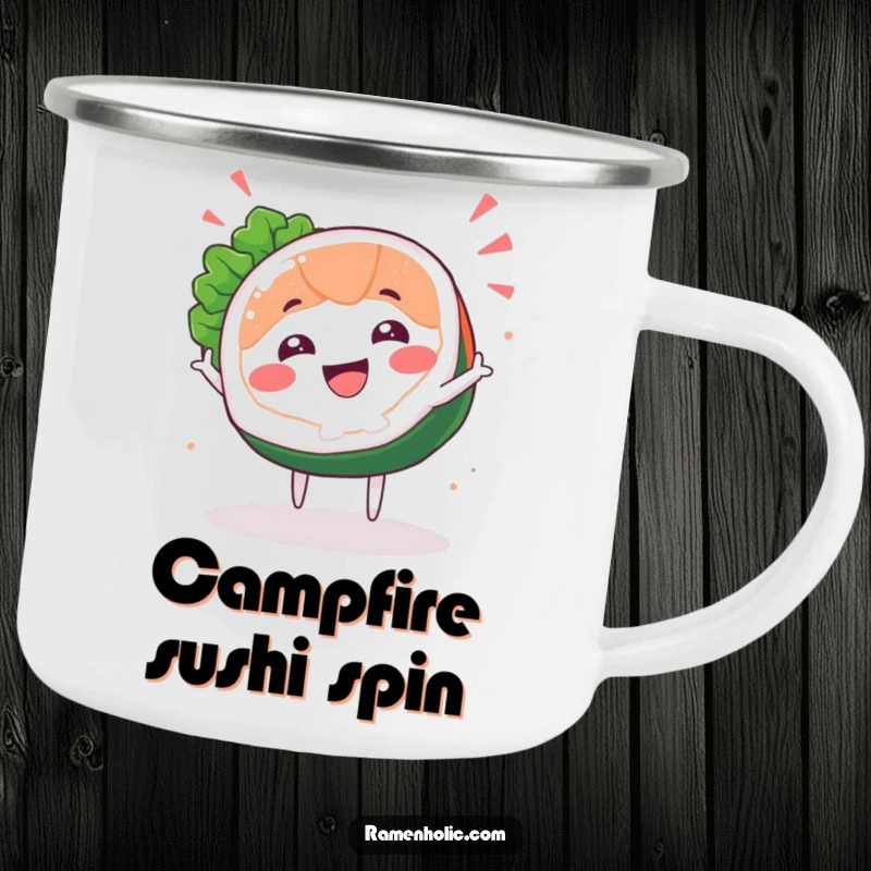 Funny Sashimi Spin Camping Mug featuring a happy fish slice character energetically spinning, ideal for outdoor use and adding smiles.