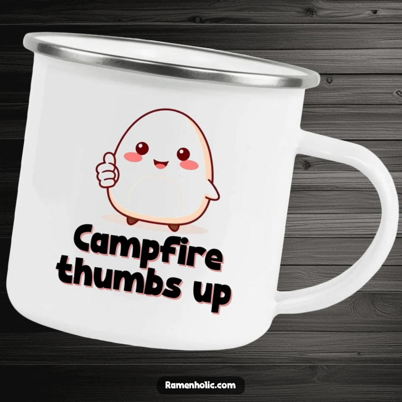 Funny camping mug with a smiling onigiri character giving a thumbs up, ready for happy sips outdoors.