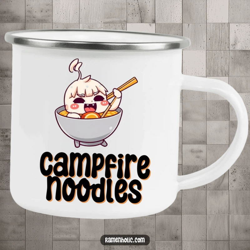 Funny camping mug featuring a mischievous chopstick playfully nudging a ramen bowl outdoors.