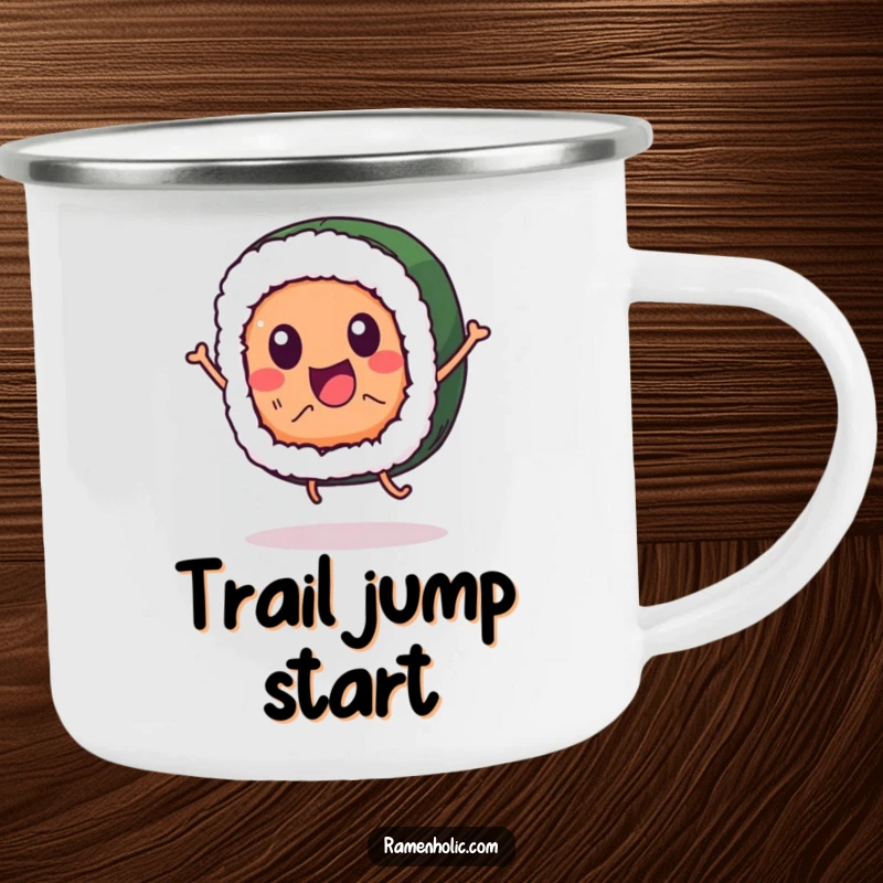 Funny sushi roll character camping mug, jumping happily, designed for outdoor fun and humor.