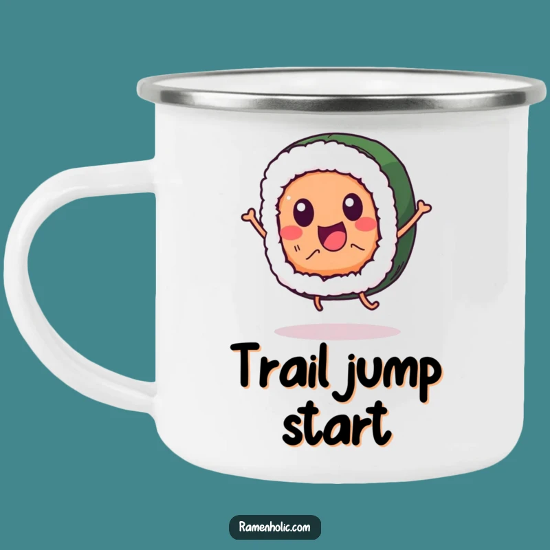 Durable Funny Sushi Camping Mug: Jumping Character Design, Outdoor Humor, Great Funny Gift
