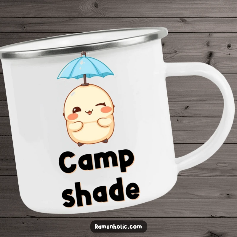Funny cheeky dumpling winking while balancing a tiny umbrella on its head, on a sturdy camping mug.