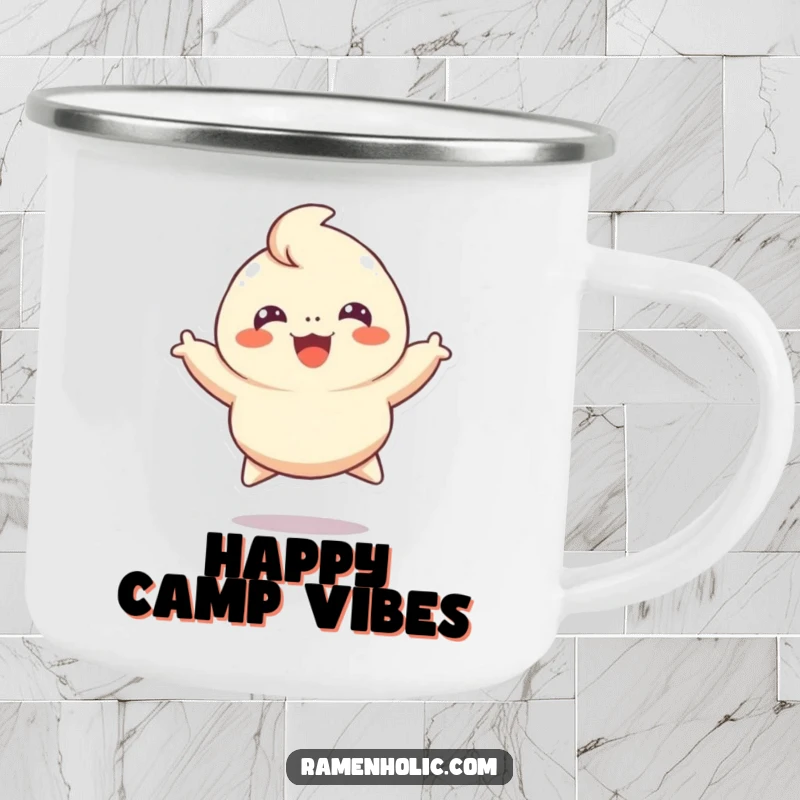Funny camping mug featuring a cheerful dumpling character leaping with excitement, perfect for enjoying drinks on the go.