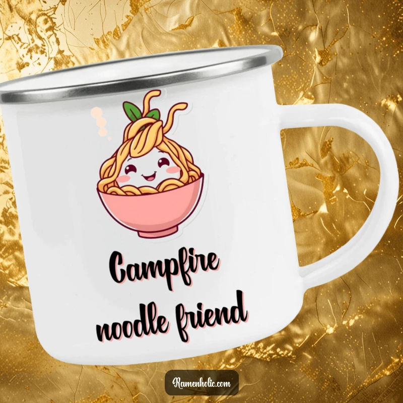 Funny camping mug with a cheerful noodle character popping from steam, perfect for hot drinks outdoors.