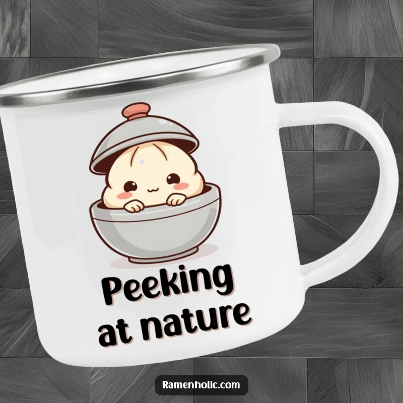 Funny dumpling camping mug with a shy dumpling peeking from behind a steaming lid, for outdoor coziness.