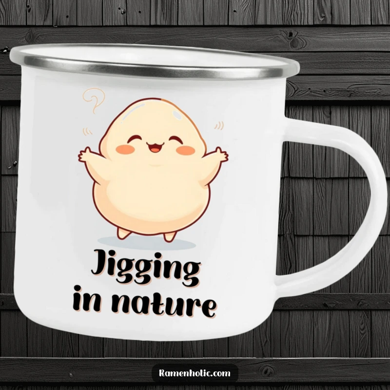 Funny camping mug featuring a plump dumpling character doing a happy jig, steam rising, durable for outdoor fun and cartoon delight.