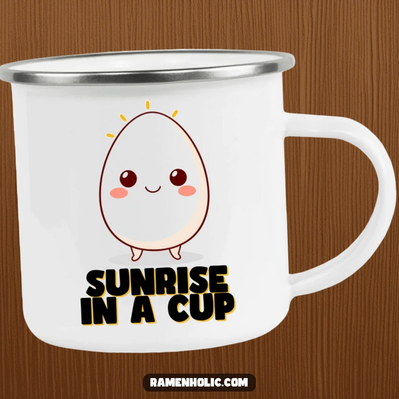 Funny camping mug featuring a cheerful egg character with a sunny side up smile, perfect for outdoor brews and breakfast vibes.