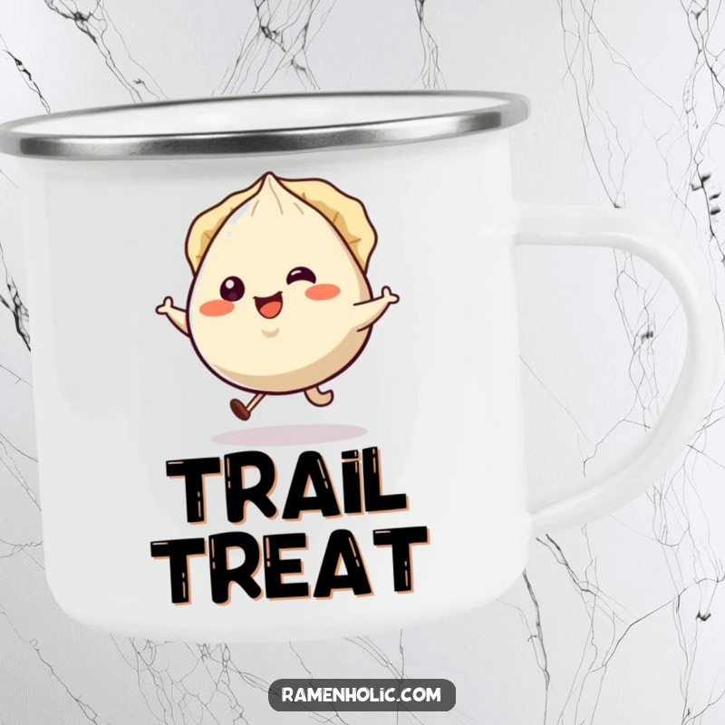 Funny smiling gyoza character hopping happily, pleats jiggling, on a sturdy camping mug.