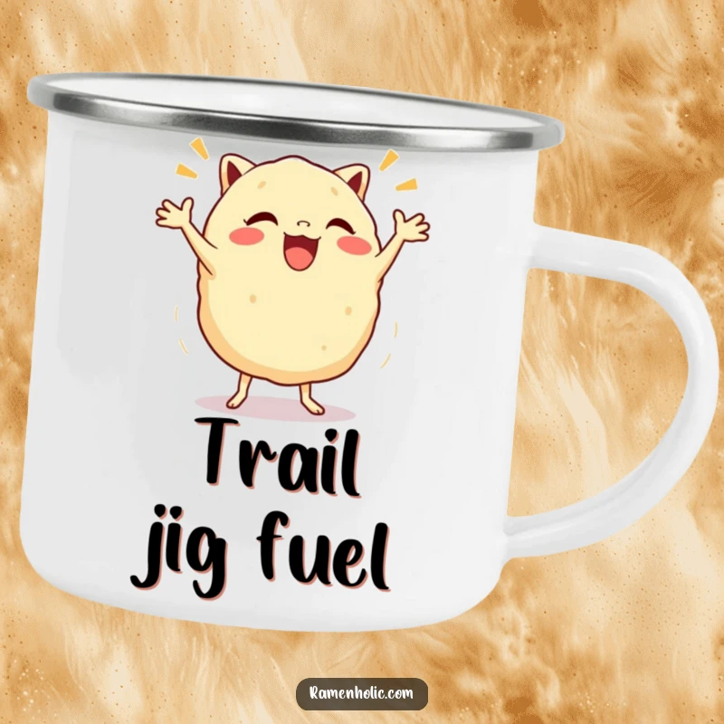 Funny Gyoza Jig Camping Mug featuring an excited food character dancing happily, ideal for outdoor use and a smile.