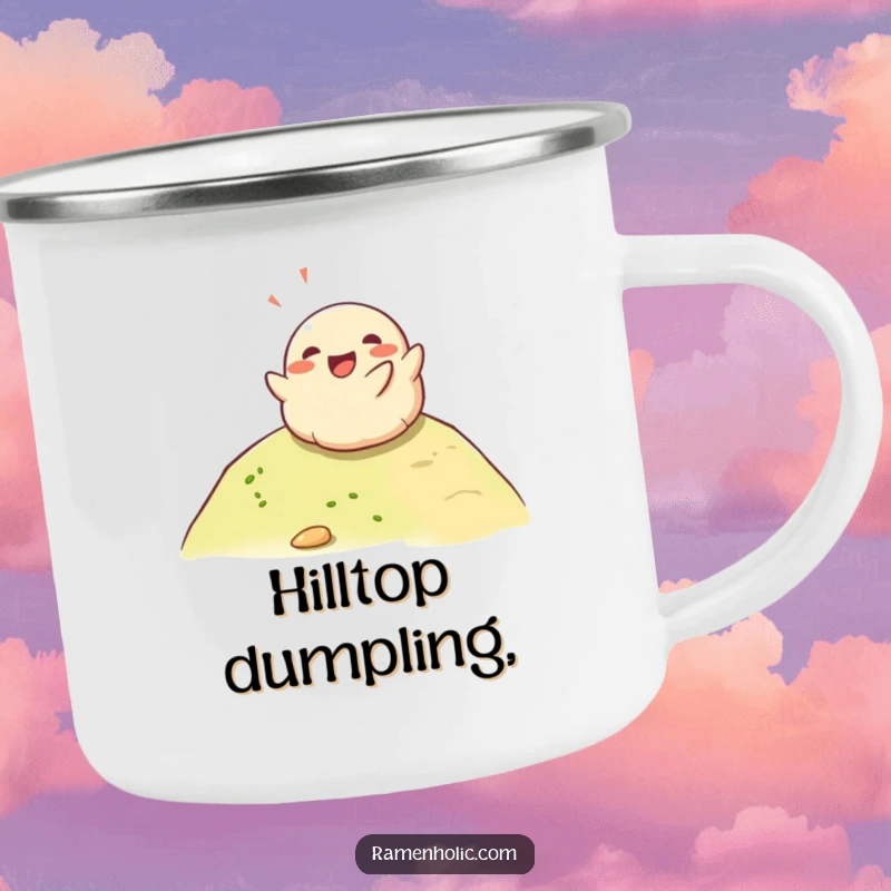 Funny happy dumpling rolling down a hill on a durable camping mug, perfect for adding cheer to outdoor drinks.