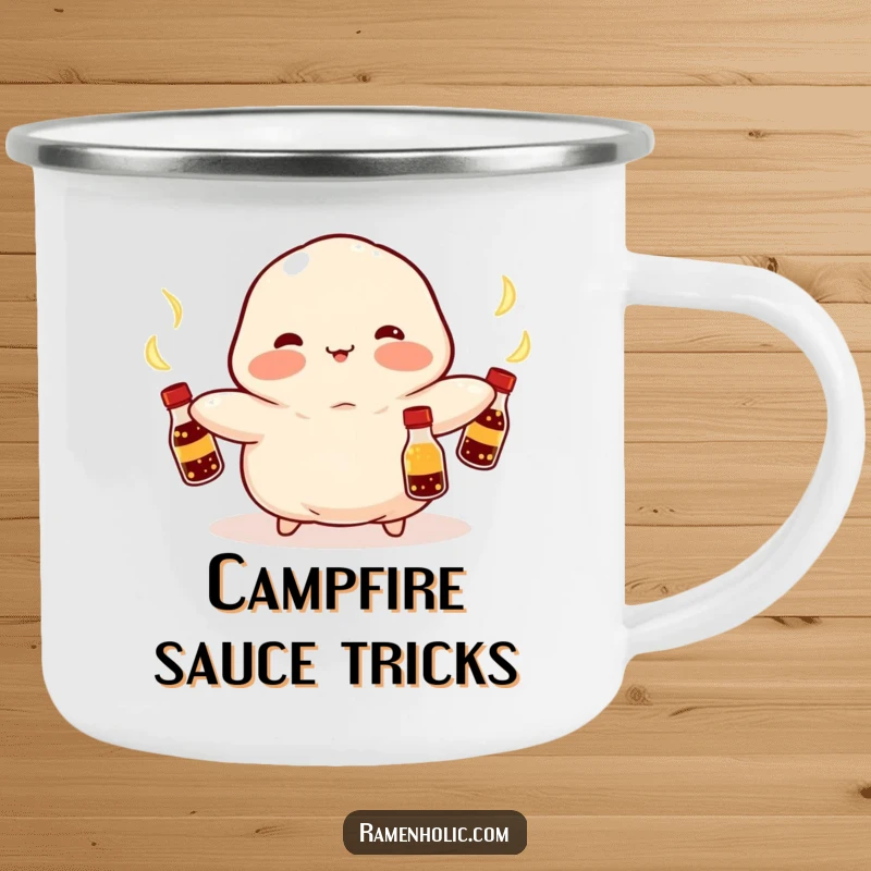 Funny Kawaii dumpling with rosy cheeks, juggling soy sauce bottles around a campfire, durable enamel, outdoor dining delight, perfect funny gift.