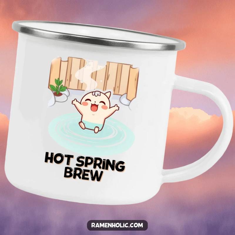 Funny camping mug with a kawaii miso soup character joyfully leaping into a hot spring, perfect for outdoor enjoyment and relaxation.