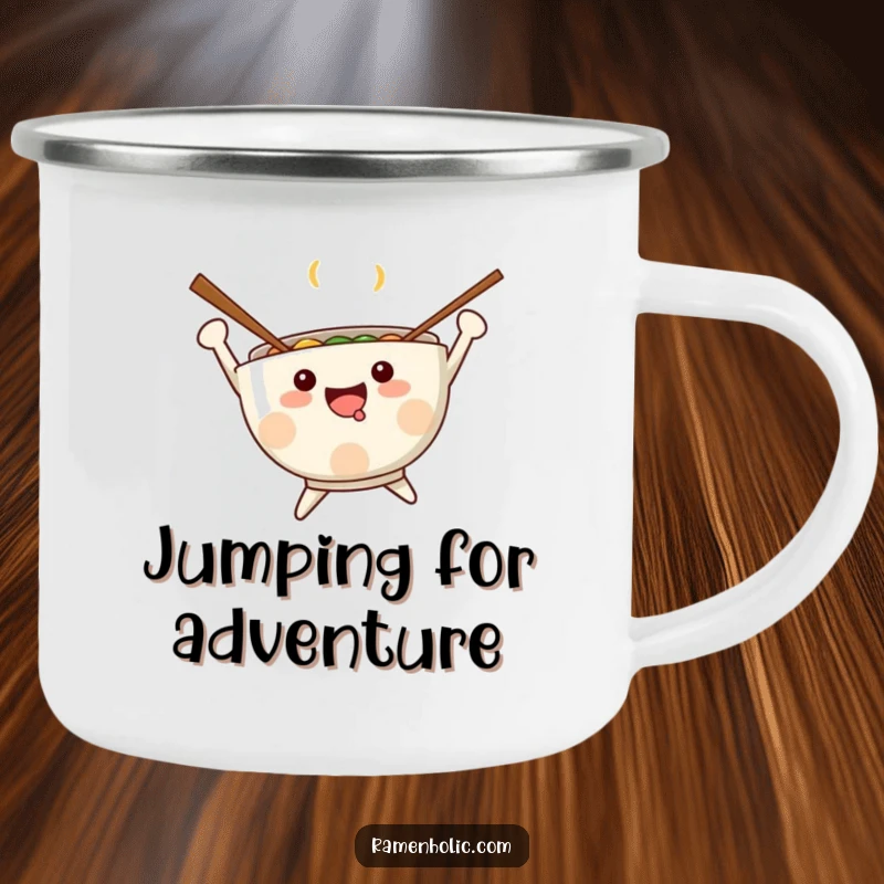 Funny Kawaii ramen bowl with chopsticks for arms, joyfully jumping around a campfire, durable enamel, outdoor fun, perfect funny gift.