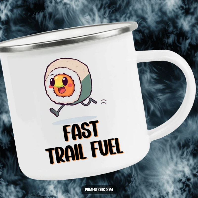 Funny Kawaii sushi roll with tiny legs, sprinting through nature, durable enamel, outdoor enthusiasm, perfect funny gift.