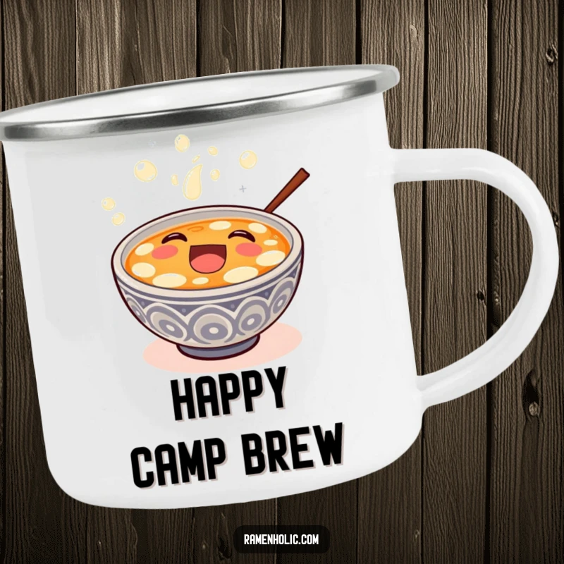 Funny happy miso soup bowl overflowing with bubbly laughter, on a sturdy camping mug.