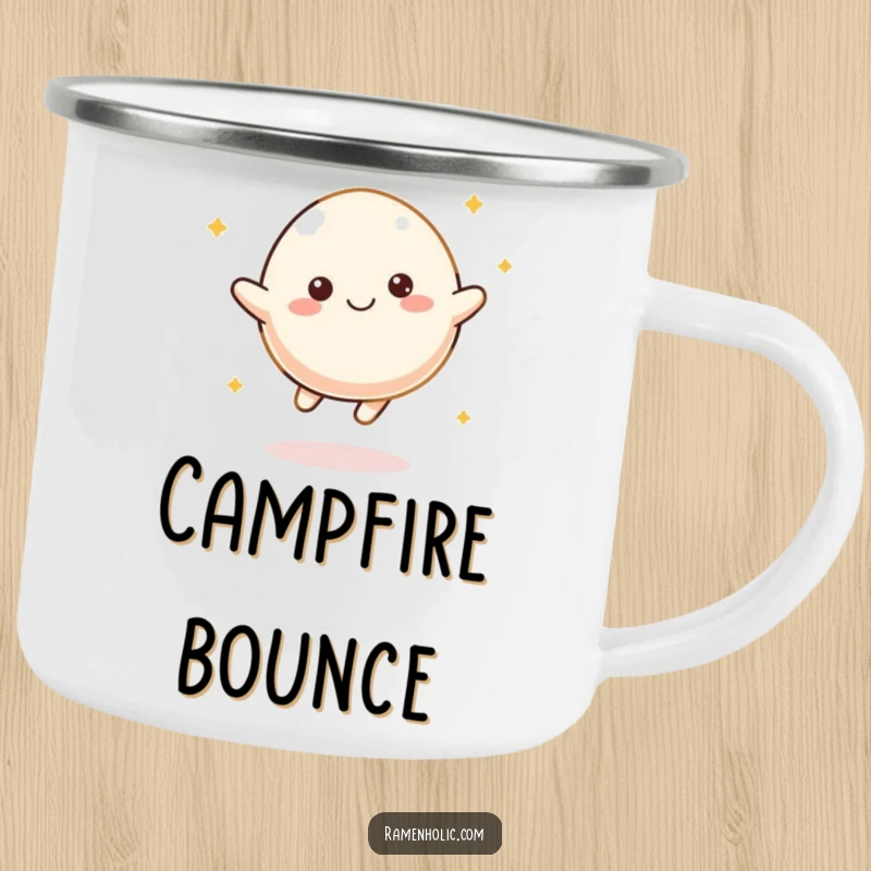 Funny Mochi Bounce Camping Mug featuring a happy character energetically bouncing, ideal for outdoor use and adding smiles.