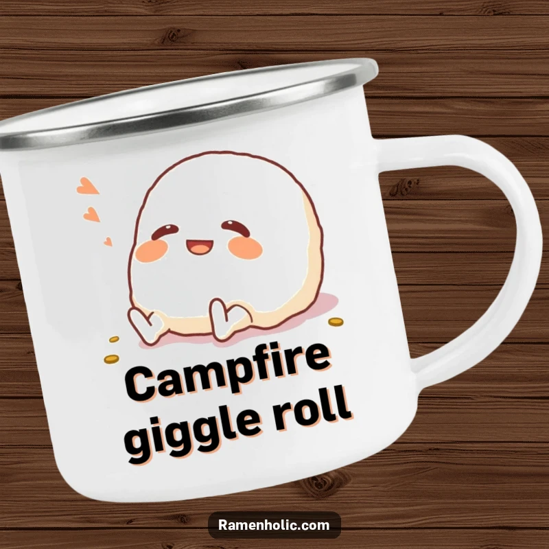 Funny Onigiri Camping Mug: A laughing onigiri character rolling on the floor, ready for campfire stories and warm drinks.