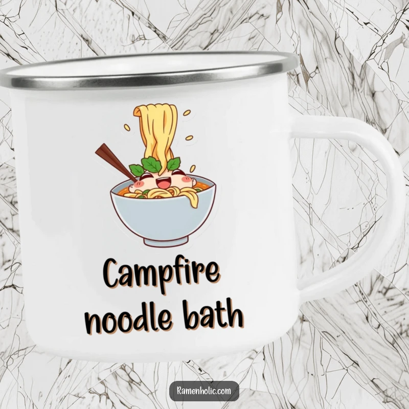 Funny camping mug featuring a happy ramen bowl with splashing noodles, designed for outdoor enjoyment and bringing a smile.
