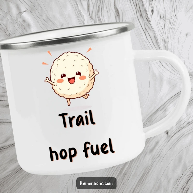 Funny rice ball camping mug, a cheerful character doing a celebratory hop, perfect for outdoor adventures with a smile.