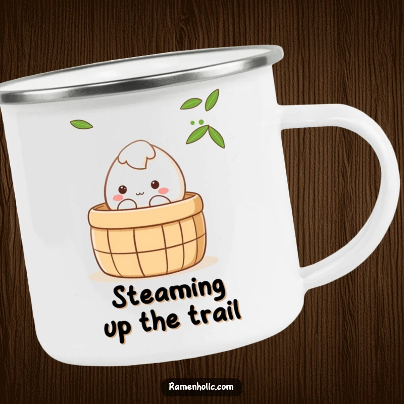 Funny shy mochi character peeking from a steaming bamboo steamer, cute kawaii camping mug, durable and humorous gift for adventurers.