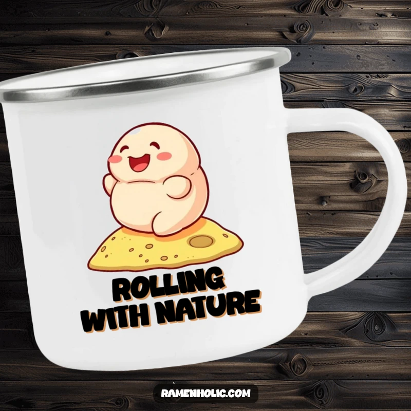Funny camping mug with a smiling dumpling rolling down a hill, perfect for outdoor drinks and enjoyment.