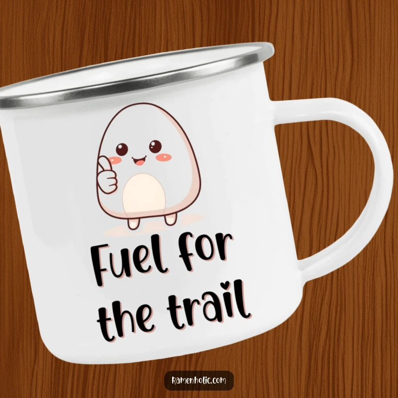 Funny camping mug featuring a smiling onigiri character giving a thumbs up, combining outdoor spirit with positive foodie vibes.