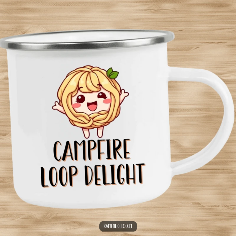 Funny Soba Noodle Camping Mug: A playful soba noodle character forming a happy loop, ready for outdoor beverages and smiles.