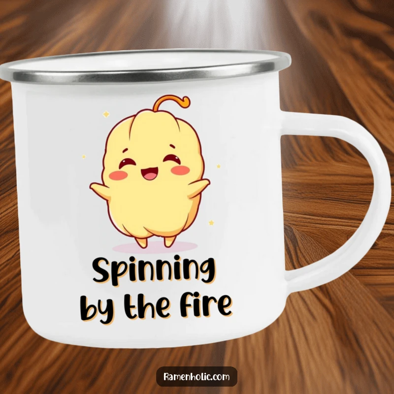 Funny camping mug with a tempura character joyfully spinning, designed for outdoor fun and happy hydration.