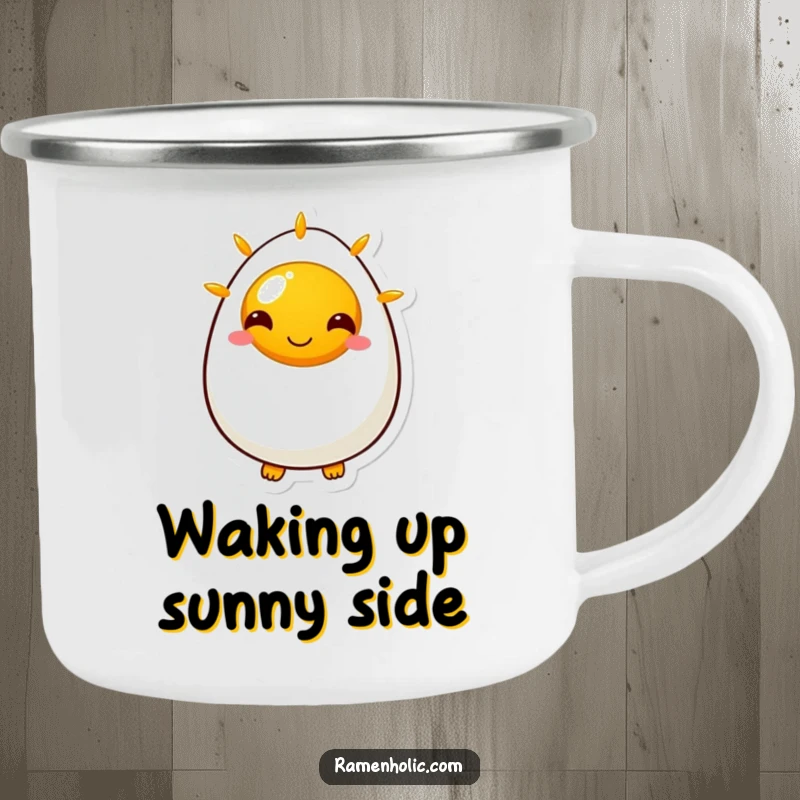 Funny camping mug featuring a smiling sunny side up egg character, ready for outdoor adventures and cheerful morning drinks.