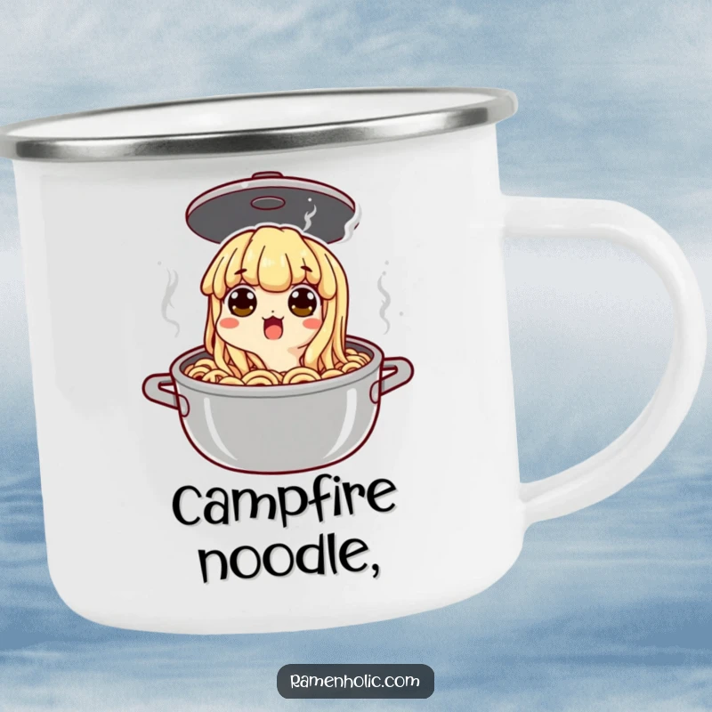 Funny noodle character peeking out of a boiling pot on a durable camping mug, perfect for outdoor laughs and drinks.