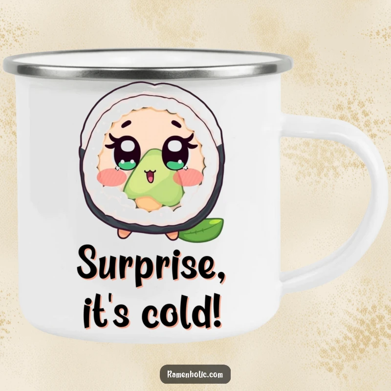 Funny camping mug featuring a startled sushi roll, wide eyes, and blush, built for adventure and humor.