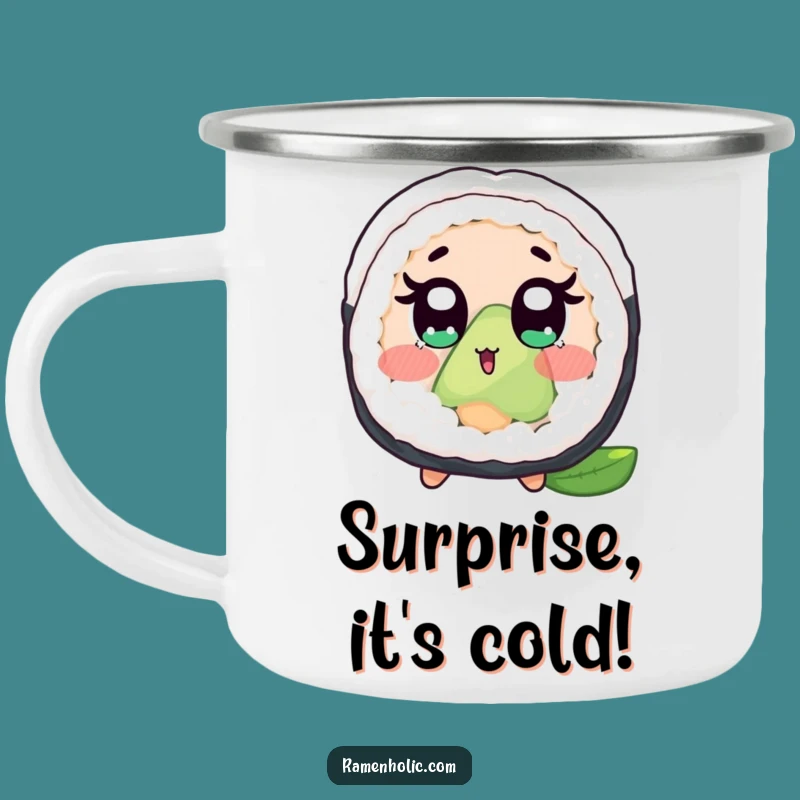Funny Surprised Sushi Roll Camping Mug: Outdoor Humor for Adventurers, Fun Gift