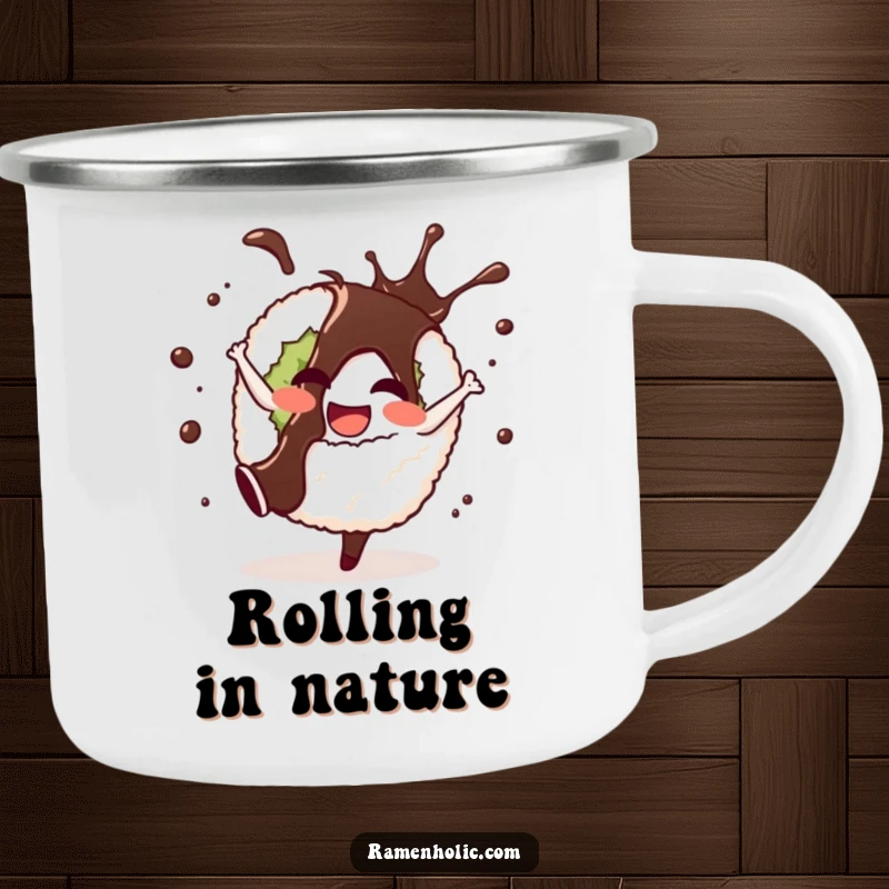 Funny camping mug featuring a cheerful sushi roll doing a cartwheel with soy sauce splashing, durable for outdoor fun and cartoon delight.