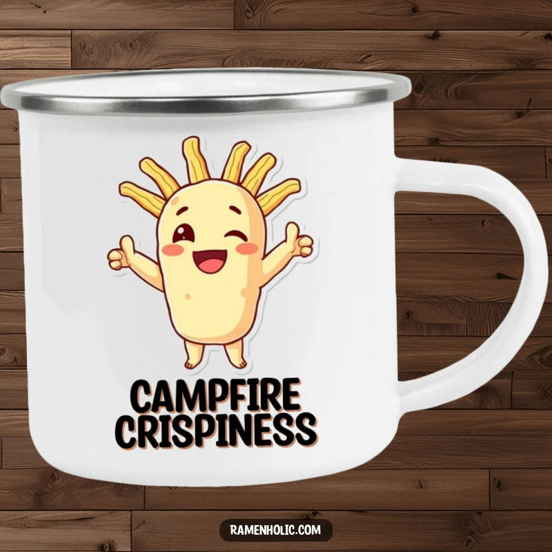 Funny tempura camping mug, a smiling character in a triumphant pose with crispy extensions, perfect for outdoor foodie fun.