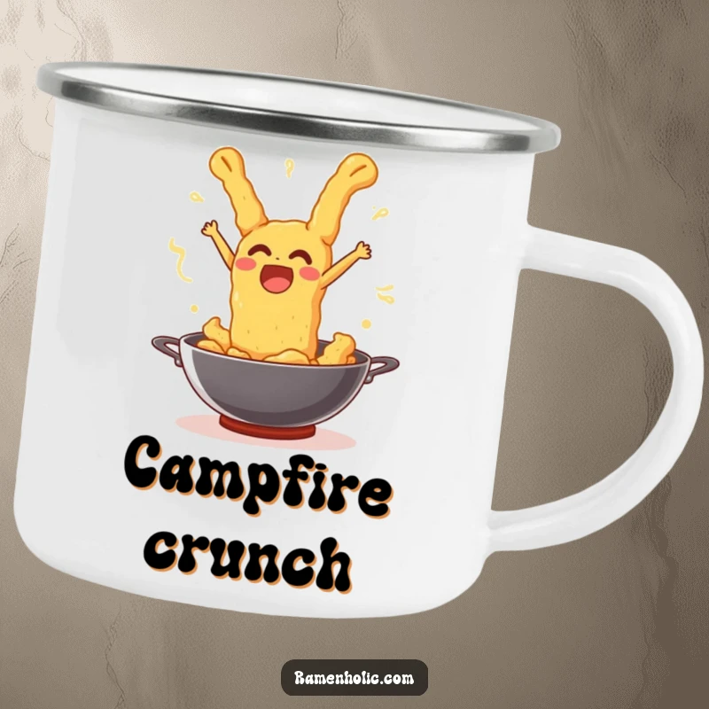 Funny tempura piece joyfully leaping out of a wok, on a sturdy camping mug.