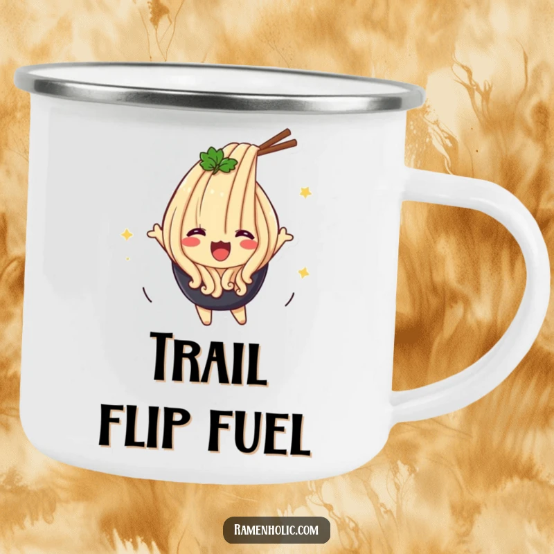 Funny Udon Flip Camping Mug featuring a happy noodle character energetically flipping, ideal for outdoor use and adding smiles.