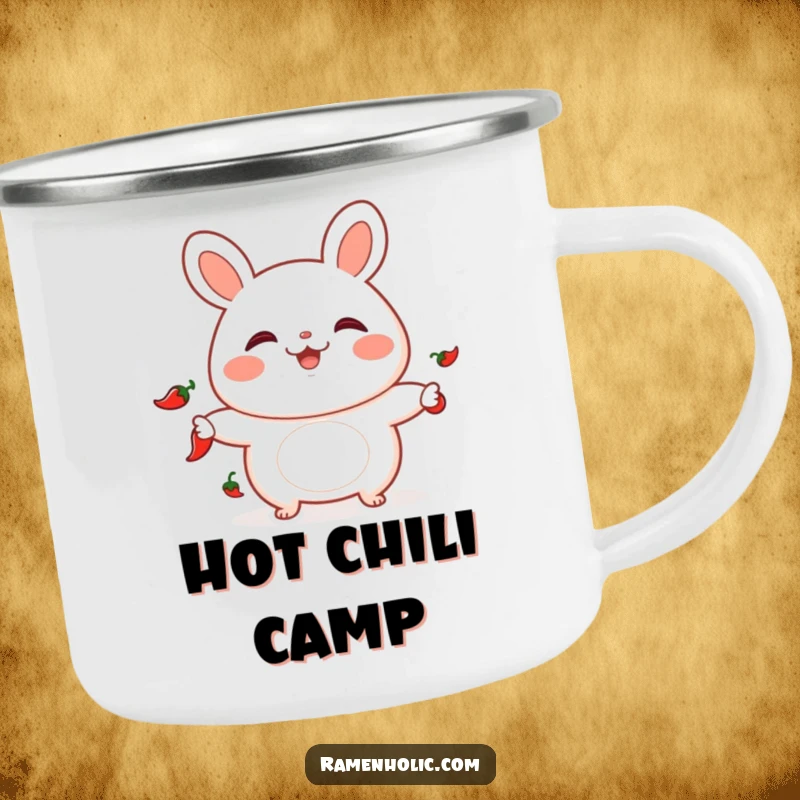 Funny camping mug with a playful bao bun juggling chili peppers, perfect for outdoor drinks and spice lovers.