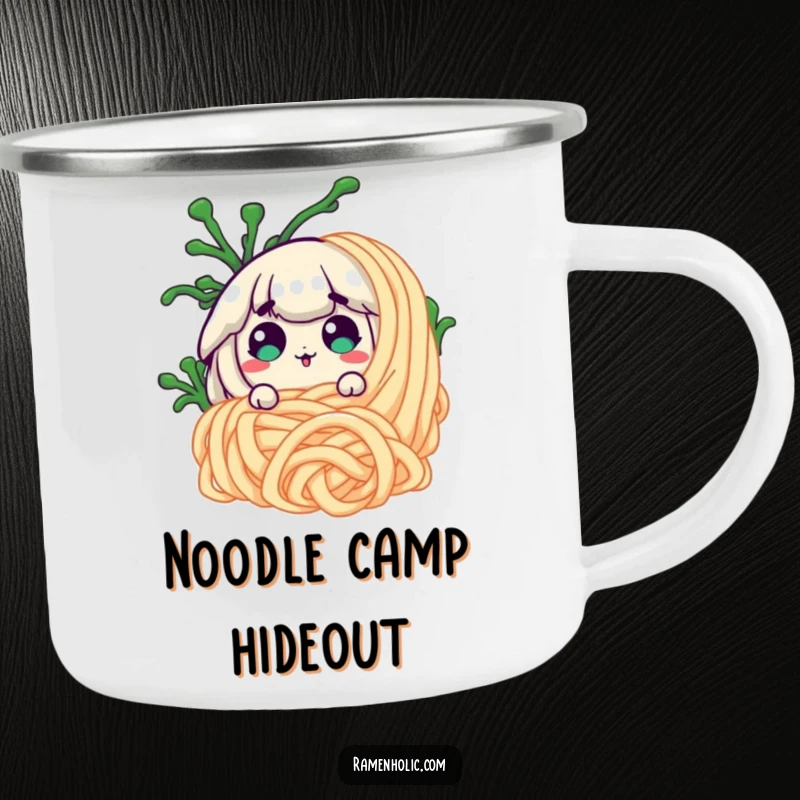 Funny surprised seaweed peeking from behind a noodle on a rugged camping mug, perfect for outdoor coffee lovers.