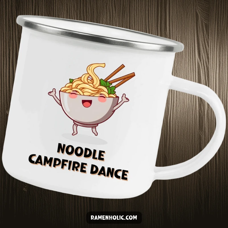 Funny camping mug featuring a smiling bowl of noodles dancing with chopsticks as arms, durable for outdoor fun and cartoon delight.