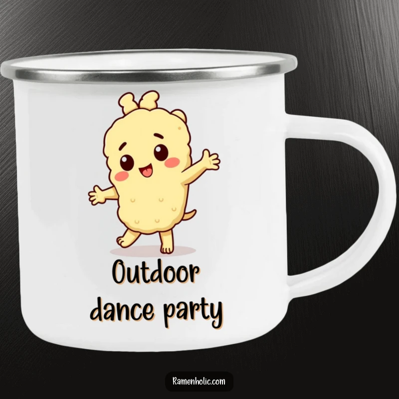 Funny Tempura Camping Mug: A cheerful tempura character dancing, ready for outdoor fun and lighthearted moments.