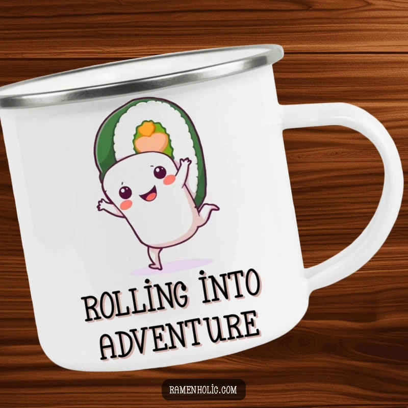Funny Sushi Roll Camping Mug: A smiling sushi character doing a cartwheel, ready for outdoor adventures and lighthearted moments.