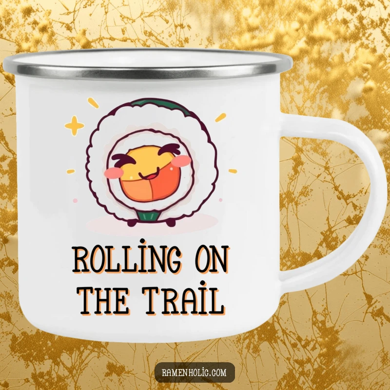 Funny cheeky sushi roll camping mug, a durable mug with a winking character, ideal for outdoor enthusiasts.