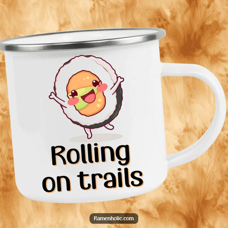 Funny camping mug featuring a happy sushi roll character cartwheeling with enthusiasm, great for enjoying drinks on the go.