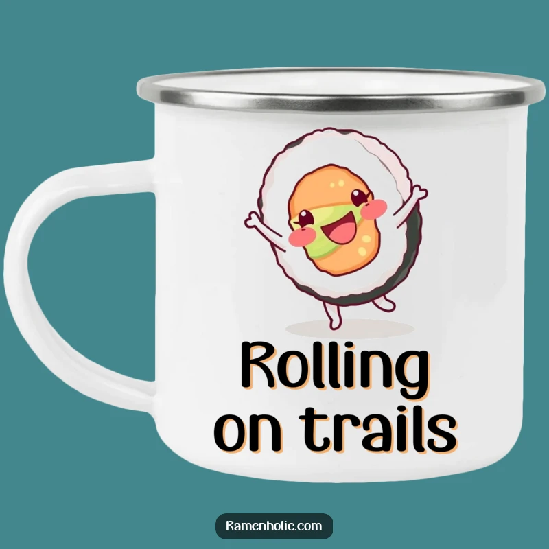 Funny Happy Sushi Roll Cartwheel Camping Mug, Energetic Outdoor Gift