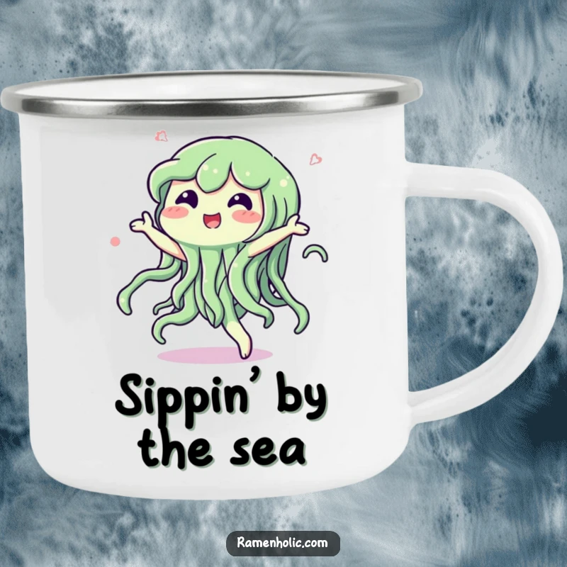 Funny camping mug featuring a happy seaweed character dancing with a swish, perfect for outdoor drinks and aquatic vibes.
