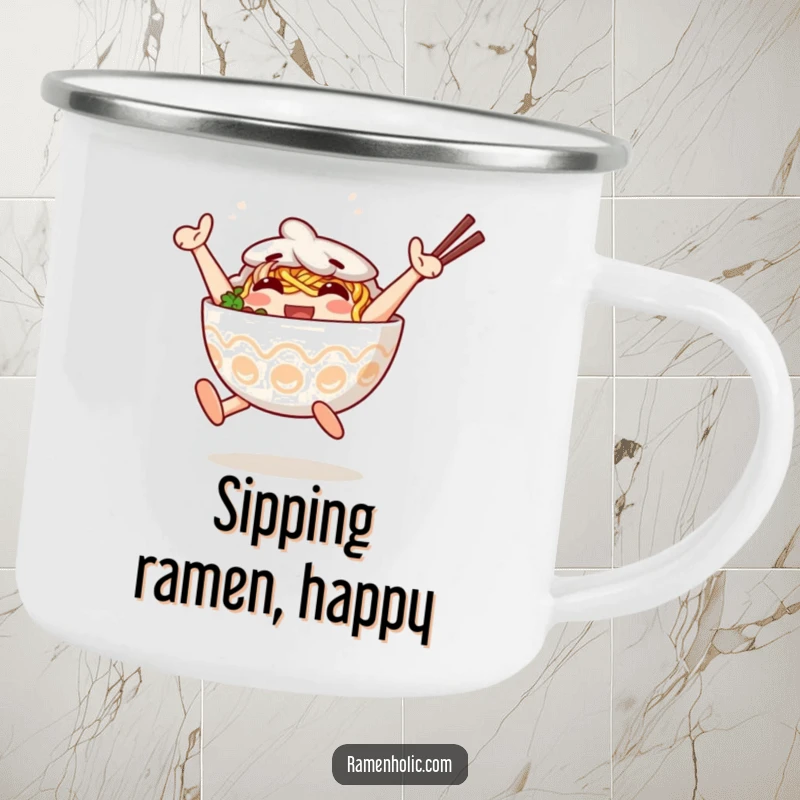 Funny Camping Mug of an anthropomorphic ramen bowl character jumping with joy. Great funny gift.